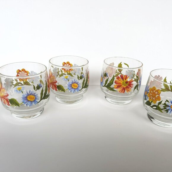 Set of Four Vintage Clear Floral Tumblers Glasses Orange, Blue, Yellow - Picture 1 of 6